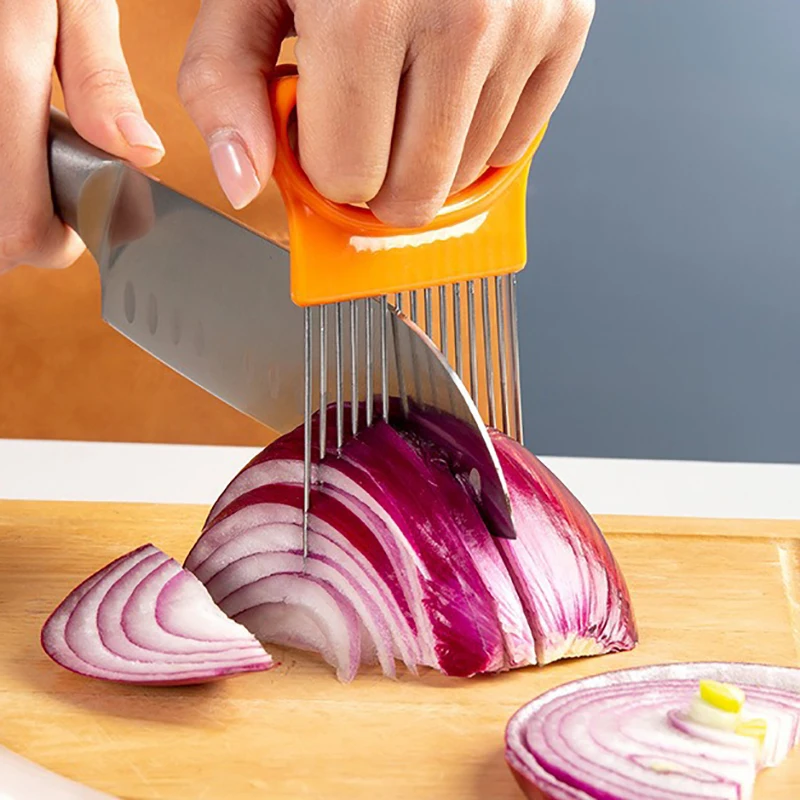 Onion Holder Slicer - Kleurrijke uien-snijderhouder, roestvrijstalen aardappelchips-snijhulp voor moeiteloos